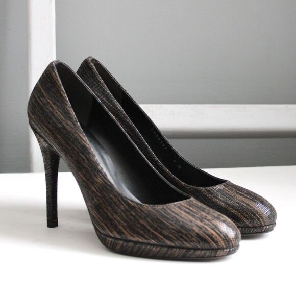 Stuart Weitzman Soft Leather Platform Black Brown Heels Pumps Round Toe Size 8.5 - Picture 1 of 8